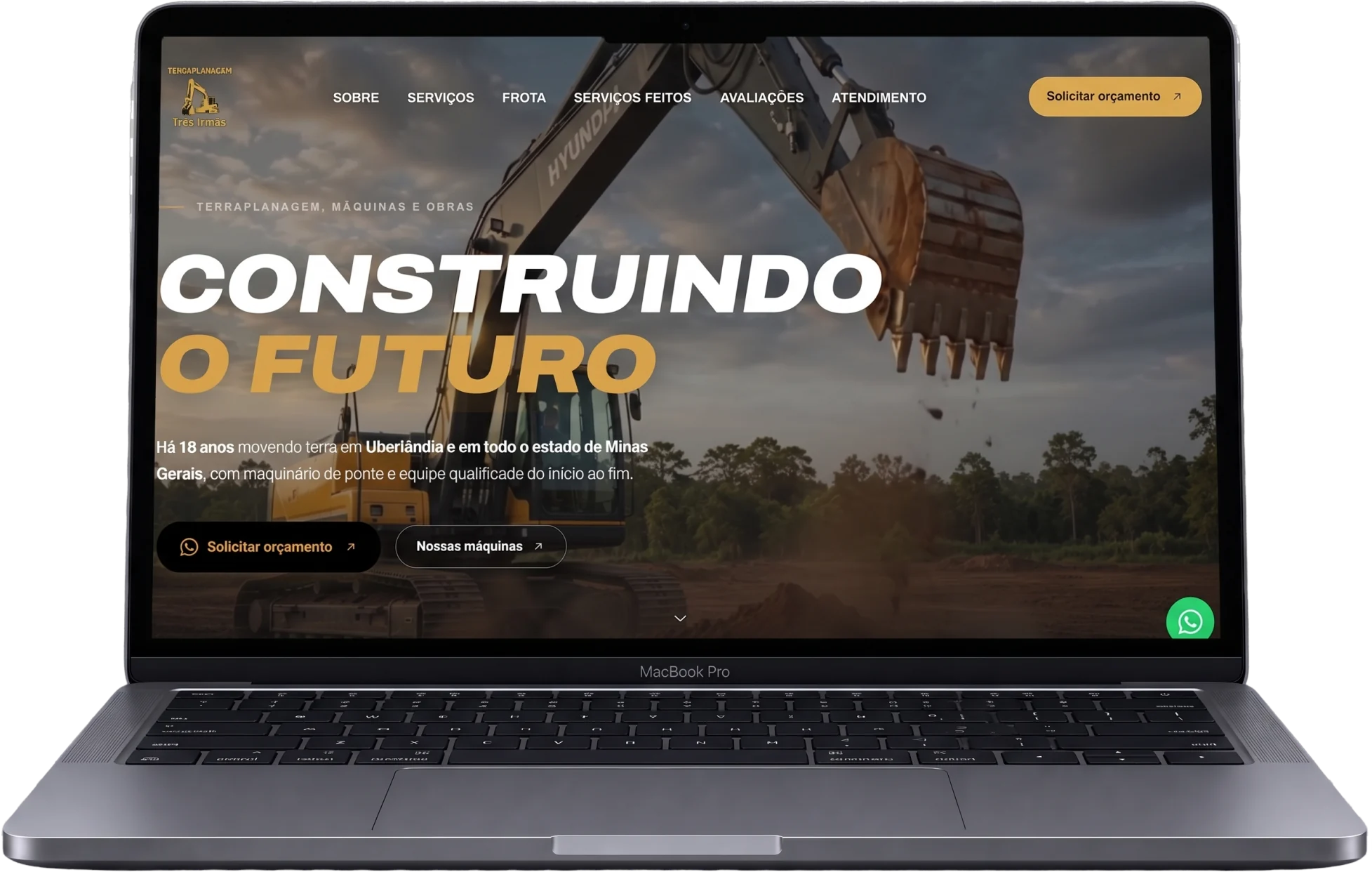Site da Terraplanagem Três Irmãs aberto na tela de um notebook