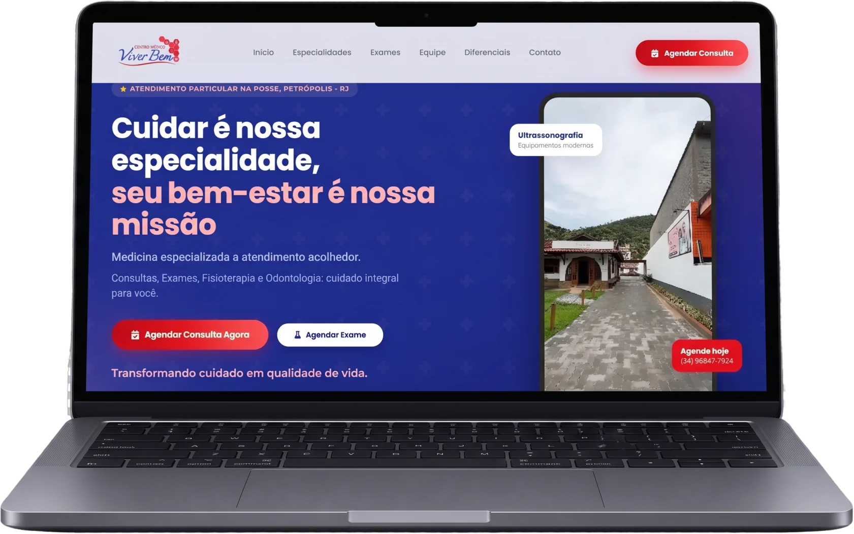 Site do Centro Médico Viver Bem aberto na tela de um notebook